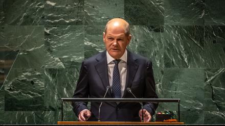 1Bundeskanzler Olaf Scholz (SPD) spricht bei der Generaldebatte der UN-Vollversammlung.