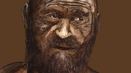 Die künstlerische Darstellung zeigt wie der Gletschermann „Ötzi“ nach einer Genomanalyse zu Lebzeiten ausgesehen haben könnte.