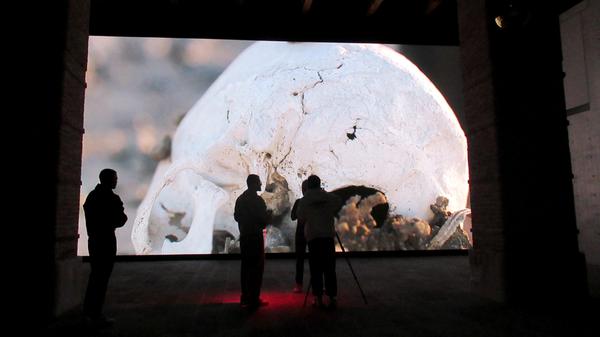 Im Museum Punta della Dogana. Besucher stehen vor dem Werk „Camata“ von Pierre Huyghe. Es zeigt ein menschliches Skelett, um das herum Roboterarme eine Art bizarres Beerdigungsritual verrichten. 