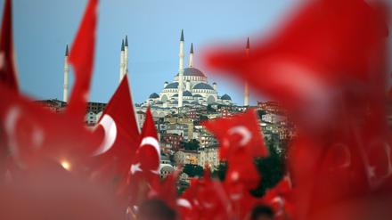 Menschen schwenken türkische Fahnen in Istanbul.