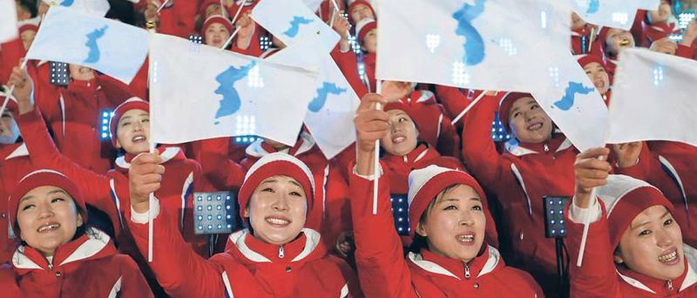 Olympische Eröffnungsfeier in Pyeongchang, mit Vertretern der Delegation aus Nordkorea.