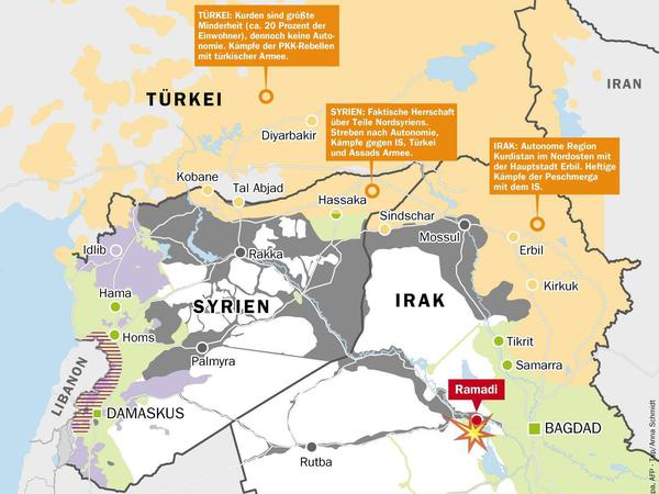 Über vier Staaten verteilt: Die Kurden sind im Irak, Iran, in Syrien und in der Türkei präsent. Doch von einem eigenen Staat sind sie weit entfernt. Am nächsten dran sind sie noch in ihren Autonomen Gebieten im Nordirak.