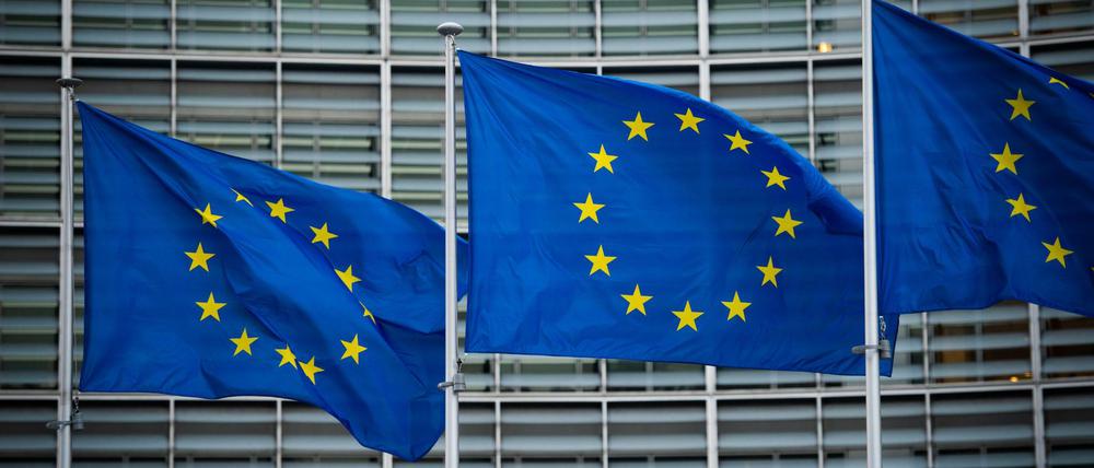 Flaggen der Europäischen Union wehen im Wind vor dem Berlaymont-Gebäude der Europäischen Kommission in Brüssel. 