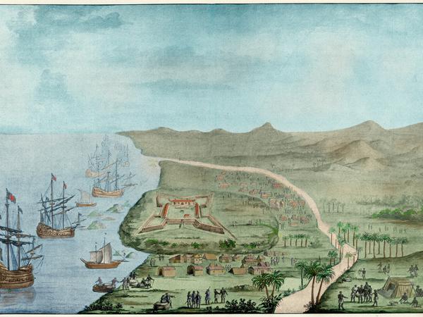 Groß-Friedrichsburg, der Hauptort der brandenburgischen Kolonie an der Guinea-Küste. Zeichnung, 1688. 