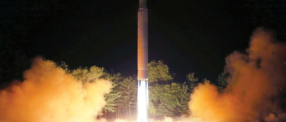 Das von der nordkoreanischen Regierung am 29.07.2017 zur Verfügung gestellte Foto zeigt den Angaben zur Folge einen Test mit einer Hwasong-14 Interkontinentalrakete (ICBM) am 28.07.2017 an einem ungenannten Ort in Nordkorea.