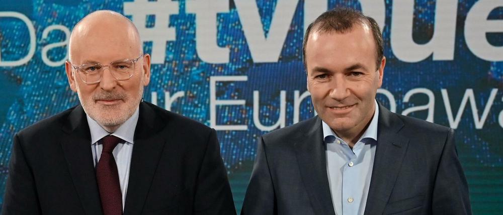 Die Spitzenkandidaten Weber (rechts) und Timmermans im Europawahlkampf. 
