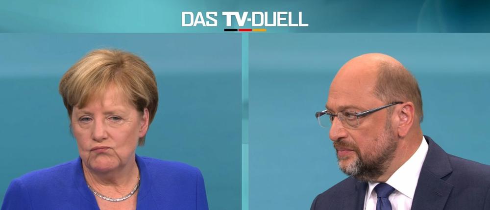 Kanzlerin Angela Merkel (CDU) und Herausforderer Martin Schulz (SPD) beim TV-Duell. 