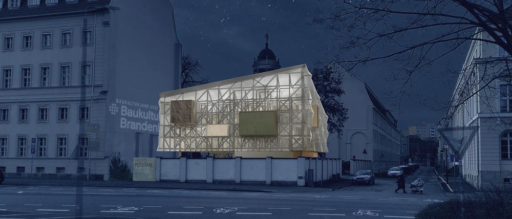 Nachts leuchtet der vom Bauhaus Erde geplante Pavillon in der Dortustraße.