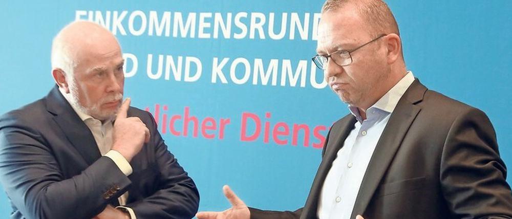 So viel soll es sein. Verdi-Chef Frank Werneke (re.) mit Ulrich Silberbach, dem Vorsitzenden des Beamtenbundes. 