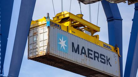 Ein Container der Maersk Line im Hafen von Mannheim.