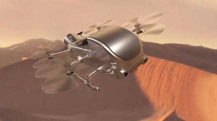 Dragonfly. So soll es ausssehen, wenn ein Heli von der Größe eines PKW fremde Welten, etwa den Saturnmond Titan, erkundet.