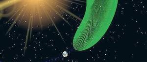 Himmelsschraube. Der Asteroid „2010 TK7“ ist der Erde etwas voraus und kreist gemeinsam mit ihr um die Sonne. Zudem fliegt er gegenüber unserem Planeten vor und zurück und beschreibt dadurch eine Spirale (grün). 