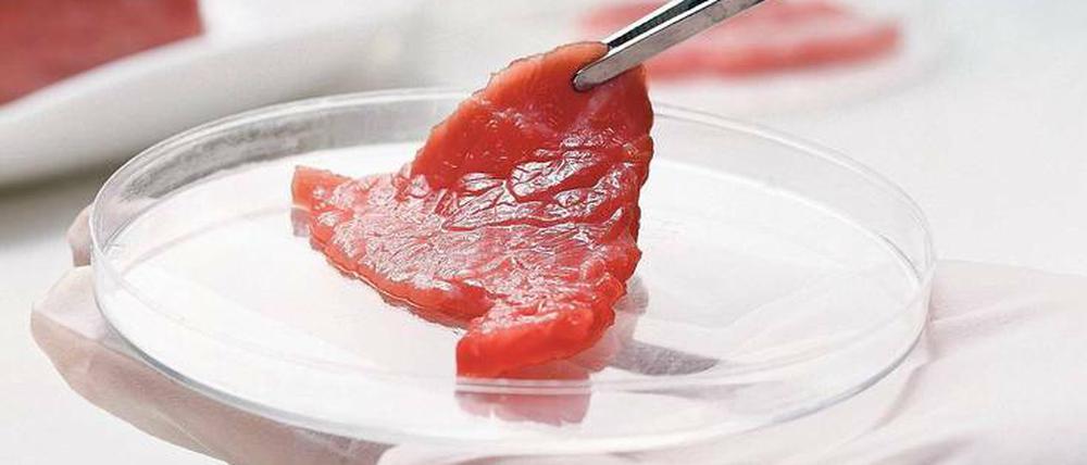 Fleischwerdung. Noch ist es Manufaktur, aus Stammzellen Muskel-, Bindegewebs- und Fettzellen zu züchten und zu Fleischartigem zu verdichten. 