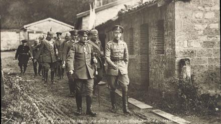Marsch im Matsch. Kronprinz Wilhelm von Preußen, vorne rechts, damals noch Kommandeur der 5. Armee im Ersten Weltkrieg. Neben ihm: König Friedrich August III. von Sachsen. Später zeigte sich Wilhelm auch in SA-Uniform.