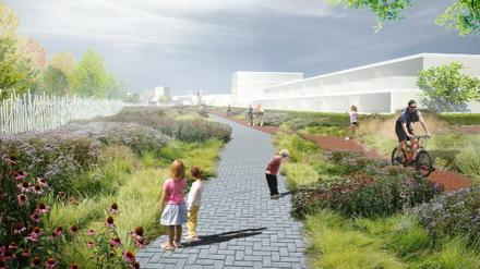 Simulation des nachhaltig geplanten Neubaugebiets Neulichterfelde, im Vordergrund Kinder auf einem Weg zwischen Wiesen, im Hintergrund Bauten.