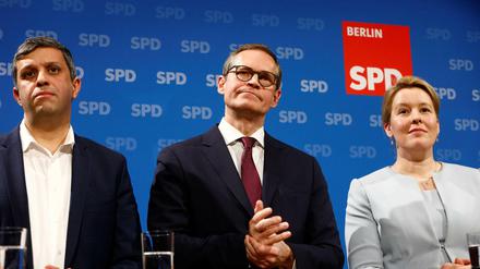 Die führenden Köpfe der Berliner SPD: Raed Saleh (links), Michael Müller und Franziska Giffey, die Ko-Vorsitzende neben Saleh ist.