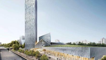 Hoch hinaus in Neukölln: So sieht der Siegerentwurf für den Hotelturm „Estrel Tower“ an der Sonnenallee aus.