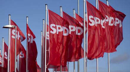 Wehende Fahnen der SPD, Symbolbild.