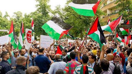 Bei einer Demo gegen den Gaza-Krieg im Juli 2014 werden Palästina-Fahnen geschwenkt.