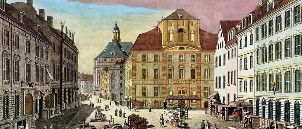 Ziemlich lange her. So sah das Cöllnische Rathaus um das Jahr 1780 herum aus. Vor dem Gebäude fand damals der Fischmarkt statt.