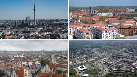 Stadtansichten von Berlin, Potsdam, Bonn, (oben, l-r) und München, Wolfsburg und Dresden (unten, l-r).