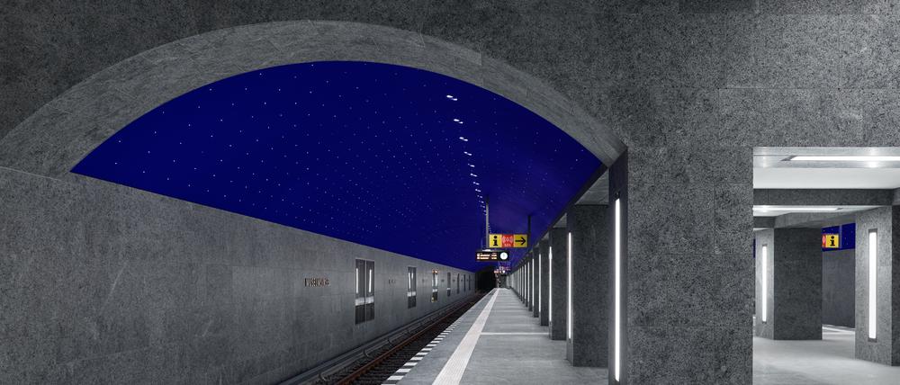 Wie unter einem Sternenhimmel fährt die U-Bahnlinie 5 in die neue Station Museumsinsel ein.