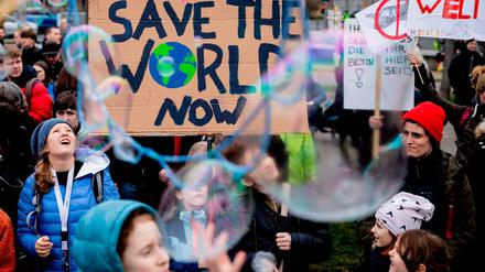 Fridays-for-Future-Demonstration in Berlin., groß im Bild ein Plakat auf dem "Save the world now" steht.