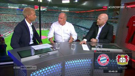 Die Stippvisite von Bayern-Präsident Uli Hoeneß (Mitte im Bild mit Moderator Jan Henkel, links, und Matthias Sammer als Experten) sicherte dem neuen Bundesliga-Livesender Eurosport die nötige Aufmerksamkeit für den ersten Matchday. 