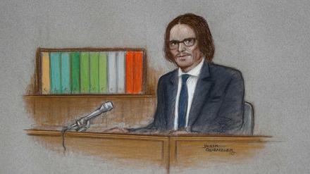 Johnny Depp im Zeugenstand, gezeichnet von Julia Quenzler.