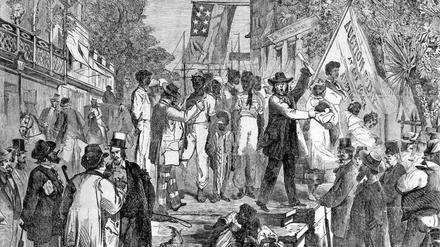 Düstere Zeiten. Afrikanische Sklaven werden auf dieser undatierten Zeichnung um 1860 auf einem Markt in den Südstaaten versteigert.