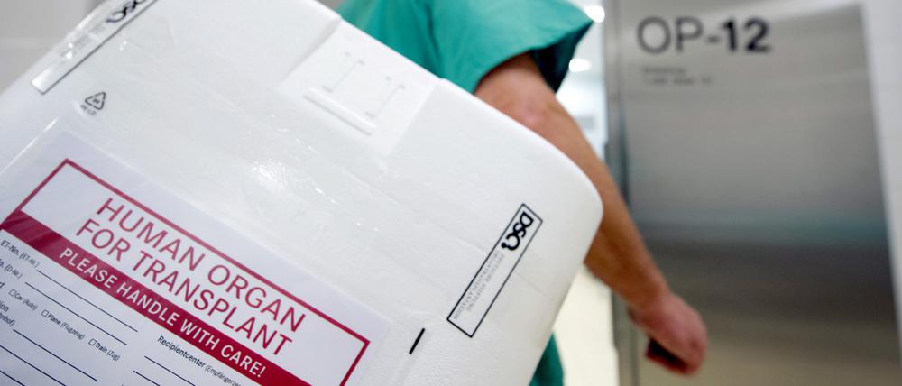 Ein Styropor-Behälter zum Transport von zur Transplantation vorgesehenen Organen wird am Eingang eines OP-Saales vorbeigetragen.