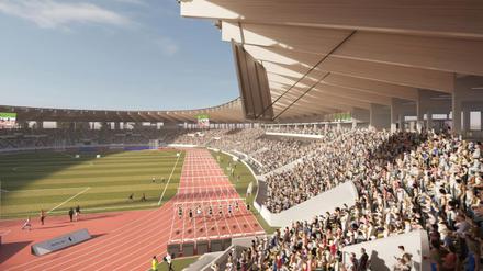 Visualisierung des neuen „Großen Stadions“ im Jahn-Sportpark.