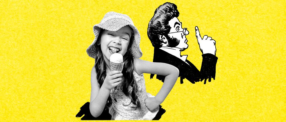 Erziehungsstile: Wie erzieht man Kinder so, dass sie verantwortungsvolle und glückliche Menschen werden? Zu sehen sind vor gelbem Hintergrund ein frech grinsendes Kind mit Eiswaffel in der Hand und ein streng blickender Mann, der mahnend den Zeigefinger hebt.