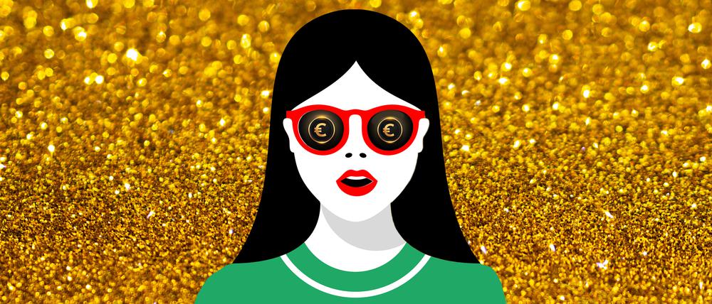 Illustration von einer Frau, die vor einem goldenen Hintergrund steht und eine Brille mit dem Euro-Zeichen trägt.