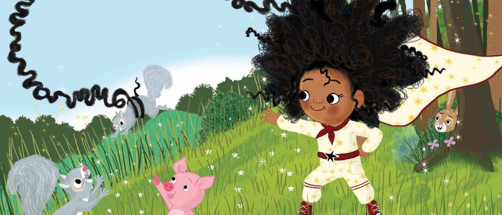 Afrohaare sind schön. Sie können sogar zur Superkraft werden, wie in Motsi Mabuses Kinderbuch „Magie im Haar“. In der abgebildeten Szene rettet die Protagonistin mit einer verzauberten Haarsträhne ein verloren gegangenes Eichhörnchen.