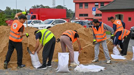 Brandenburg, Frankfurt (Oder): Geflüchtete helfen in einem freiwilligen Einsatz beim Befüllen von Sandsäcken gegen das drohende Hochwasser an der Oder.