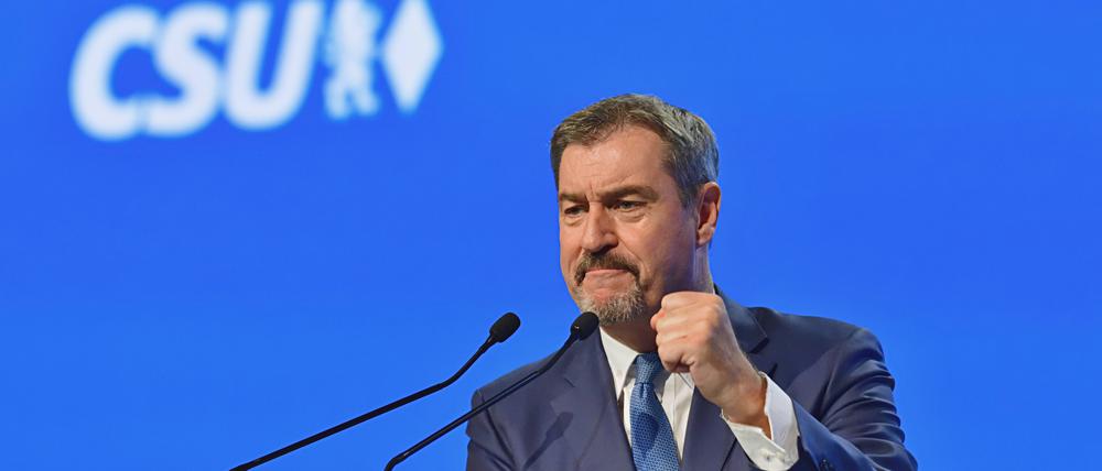 Markus Söder, der Ministerpräsident in Bayern, hält seine Grundsatzrede.