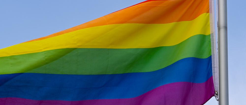 Die Regenbogenfahne weht vor dem blauen Himmel.