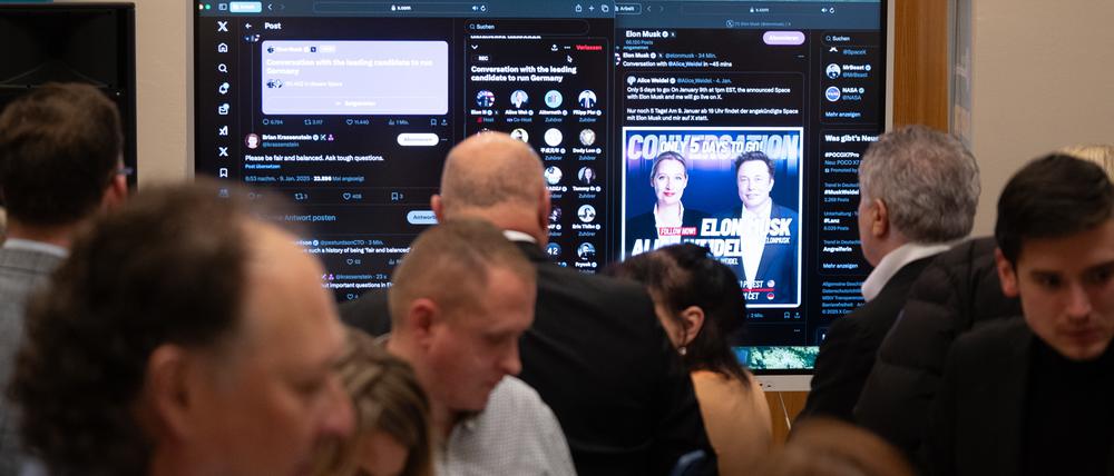 Bei ihrem Neujahrsempfang überträgt die Berliner AfD-Fraktion das Gespräch zwischen Elon Musk und Parteichefin Alice Weidel.