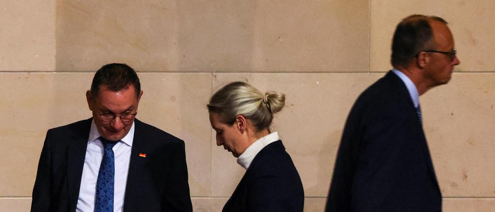 Der CDU-Chef Friedrich Merz geht an Tino Chrupalla und Alice Weidel, Co-Vorsitzende der AfD, vorbei (Symbolbild).