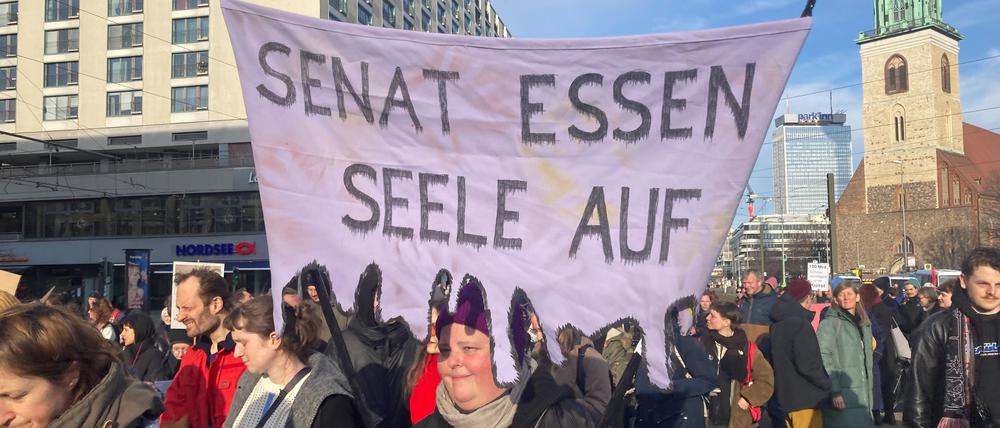 „Senat essen Seele auf“ steht auf einem Plakat gegen die Kürzungspolitik des Senats.