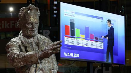 Blick in die SPD-Zentrale am Wahlabend: die Statue von Willy Brandt vor einem Monitor mit den ersten TV-Prognosen.