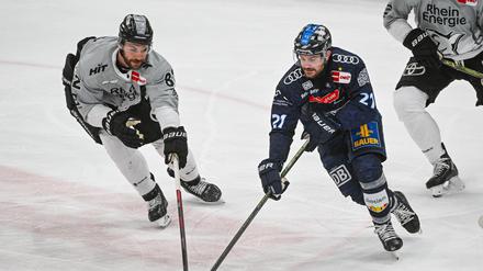 Die Kölner Haie mit Alexandre Grenier (l) verpassten gegen den ERC Ingolstadt um Wayne Simpson (r) den Einzug ins Finale nach Spiel fünf.