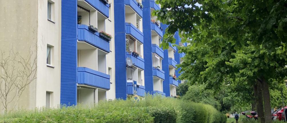 Königsblaue Wohnhäuserfassade in der Oelsnitzer Straße in Berlin-Hellersdorf.