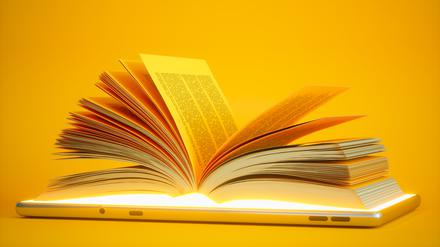 Ein aufgeschlagenes Buch liegt auf einem iPad.