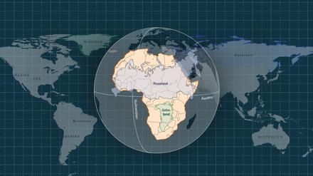Afrikas wahre Größe – zur Veranschaulichung sind die Ländermassen von Russland und Grönland darübergelegt.
