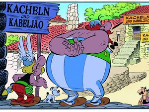 Asterix und Obelix staunen im lusitanischen Dorf über die Geschäfte, deren Angebot sich auf regionale Spezialitäten konzentriert.
