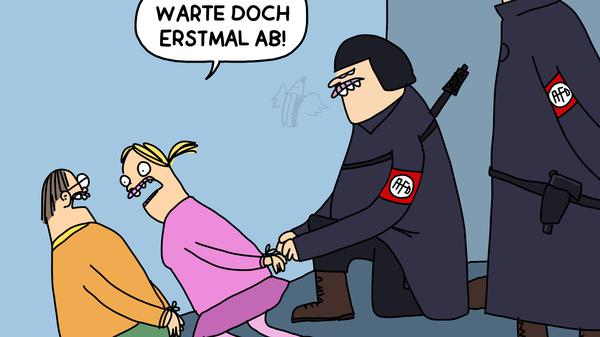 Geflügelter Bleistift in Gold: Piero Masztalerz „Abwarten“, Quelle: Piero Masztalerz / Deutscher Karikaturenpreis