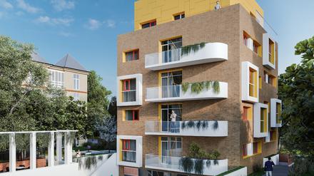 Visualisierung des Punkthauses, das hinter dem Haus am Lützowplatz gebaut werden soll