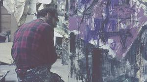 Emilio Vedova 1964 in seinem Atelier in Berlin-Dahlem bei der Vorbereitung eines „Plurimo“.